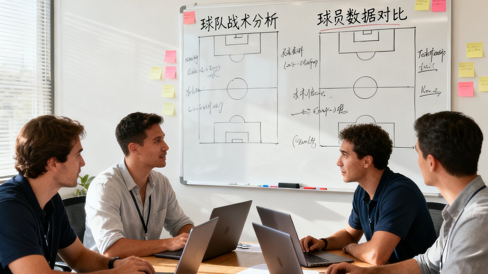 一间明亮的编辑会议室里，四位体育编辑围坐在桌旁，白板上写满了球队战术分析和球员数据对比，每人面前都有一台笔记本电脑